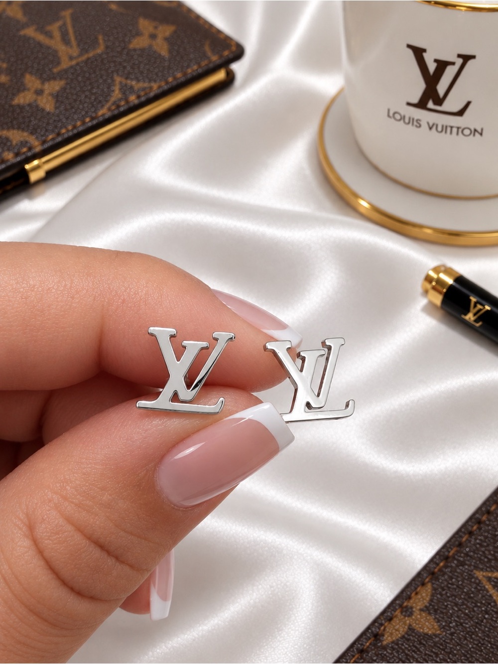 Silver LV  Monigram Stud Earrings